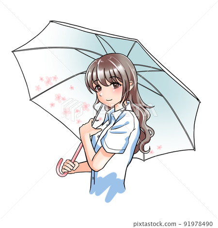 [Natural hair color] Pink curly hair girl holding a floral umbrella 91978490