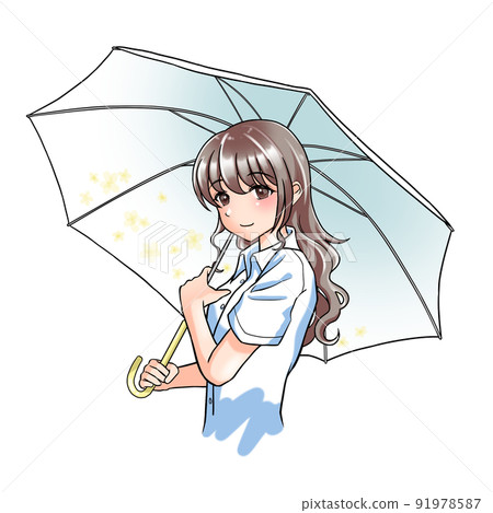[Natural hair color] A girl with curly hair in charge of yellow holding a floral umbrella 91978587