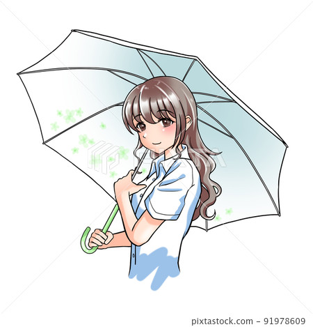 [Natural hair color] A girl with curly hair in charge of green holding a floral umbrella 91978609