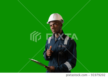 Serious African American sailor clicking pen 91979202