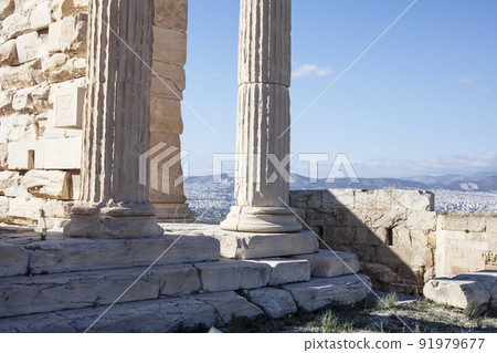 view on parthenone athens from small real parts, reconstruction in process close up 91979677