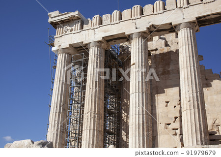 view on parthenone athens from small real parts, reconstruction in process close up 91979679