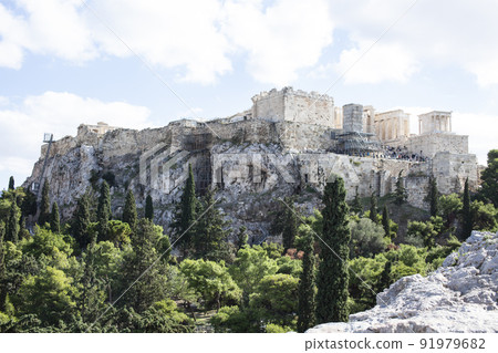 view on parthenone athens from small real parts, reconstruction in process close up 91979682
