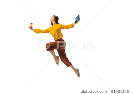 Studio shot of graceful young girl in action, motion isolated on white background. Contemp dance, start-up, open-space, professional occupation concept. 91981236