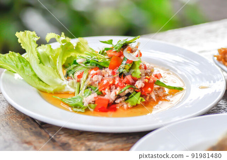 spicy salad or noodles salad, Thai spicy salad or vermicelli and minced pork salad spicy salad or noodles salad, Thai spicy salad or vermicelli and minced pork salad 91981480