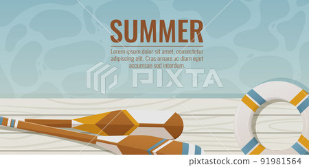 Oars on a wooden pontoon or pier near the water, lifebuoy. Vector illustration in nautical summer Oars on a wooden pontoon or pier near the water, lifebuoy. Vector illustration in nautical summer 91981564