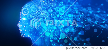 Human head with a luminous cog wheel. Creative brain gear, idea, intelligence, imagination, and inspiration. Analysis information, Cyber mind, Business strategy and intellectual property Concept. Human head with a luminous cog wheel. Creative brain gear, idea, intelligence, imagination, and inspiration. Analysis information, Cyber mind, Business strategy and intellectual property Concept. 91981633