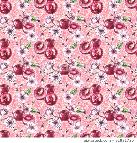 Watercolor cherry pattern 91981780
