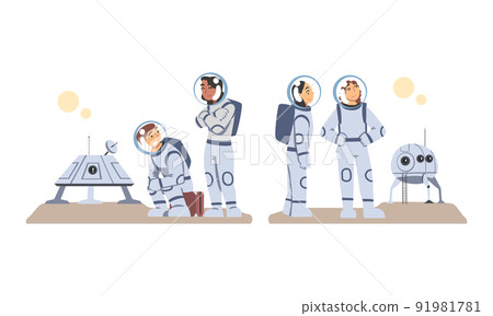 Man and Woman Astronaut Character in Outer Space in Spacesuit Landing on the Moon Vector Set 91981781