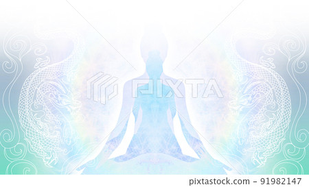Cg illustration material of woman meditating yoga on emerald blue background on Ssangyong and rainbow ring 91982147