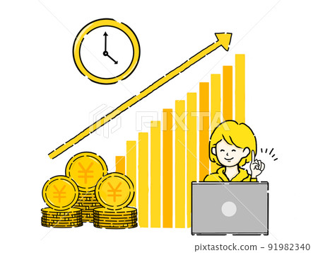 一個隨著時間的推移增加財富的年輕女性 一個隨著時間的推移增加財富的年輕女性 91982340