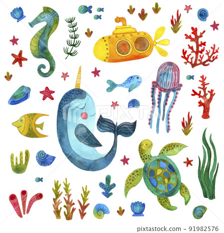 Cute set of colorful marine life from the sea and ocean in a childish style. Starfish, fur seal, corals, algae, fish, yellow submarine, snails 91982576