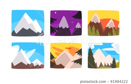 Mountain Peak and Summit Picture View with Sky and Trees Vector Set 91984222