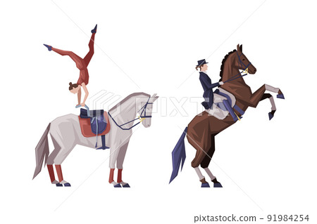 Man Riding Horse Sitting on Horseback in Saddle and Showing Stunt Vector Set 91984254