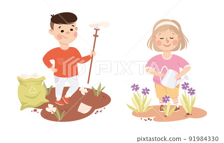 Little Boy Gathering Garbage and Girl Watering Flower Caring About Nature and Planet Vector Set Little Boy Gathering Garbage and Girl Watering Flower Caring About Nature and Planet Vector Set 91984330