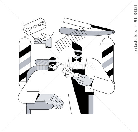Barbershop abstract concept vector illustration. Haircut service, beard shaving, moustache trimming, mans style, hairdresser scissors, hairstylist chair, professional care abstract metaphor. 91984331