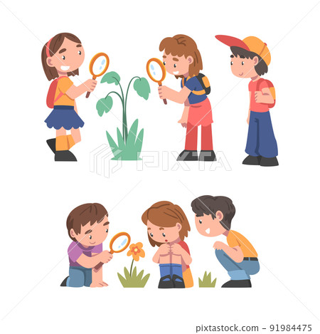 Curious Boy and Girl Near Blooming Flower with Magnifying Glass Studying Plant and Exploring Environment Vector Set Curious Boy and Girl Near Blooming Flower with Magnifying Glass Studying Plant and Exploring Environment Vector Set 91984475