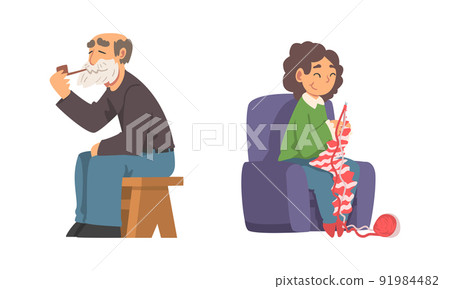 Senior Man and Woman Smoking Pipe and Knitting Sitting in Armchair Vector Set 91984482