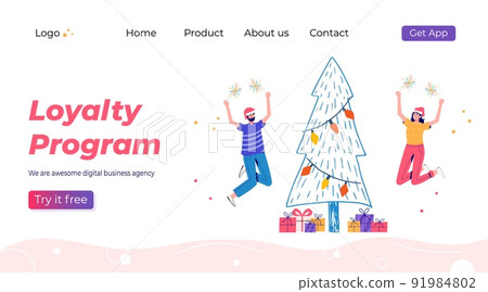 Christmas discount website sale banner with people holding shopping bag. Promotion of online store loyalty program, bonus, reward, discount card, coupon or voucher. Modern flat vector for ad Christmas discount website sale banner with people holding shopping bag. Promotion of online store loyalty program, bonus, reward, discount card, coupon or voucher. Modern flat vector for ad 91984802