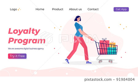 Loyalty program landing page template. Promotion of online shop bonus or reward. Modern flat vector illustration for advertisement. Seasonal discount website sale banner with people Loyalty program landing page template. Promotion of online shop bonus or reward. Modern flat vector illustration for advertisement. Seasonal discount website sale banner with people 91984804