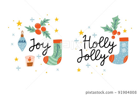 Greeting card of cozy Christmas decorations with text. Postcard with bauble, text, socks, lettering, floral. Kids illustration. Scrapbook trendy collection Greeting card of cozy Christmas decorations with text. Postcard with bauble, text, socks, lettering, floral. Kids illustration. Scrapbook trendy collection 91984808