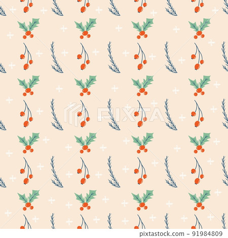 Seamless pattern of cozy Christmas decorations with floral. background with snowwlake, fir tree. Kids illustration. Scrapbook trendy Seamless pattern of cozy Christmas decorations with floral. background with snowwlake, fir tree. Kids illustration. Scrapbook trendy 91984809
