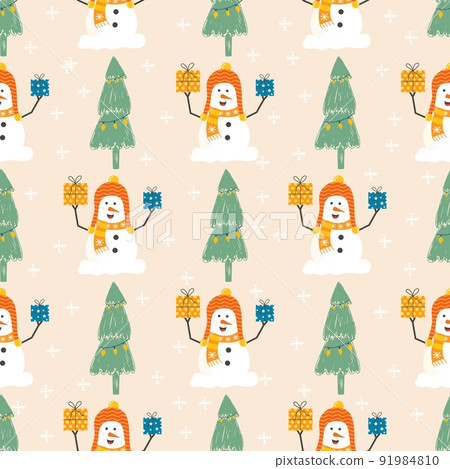 Seamless pattern of cozy Christmas decorations with fir tree and snowman. Postcard with bauble, gift. Kids illustration. Scrapbook trendy collection Seamless pattern of cozy Christmas decorations with fir tree and snowman. Postcard with bauble, gift. Kids illustration. Scrapbook trendy collection 91984810