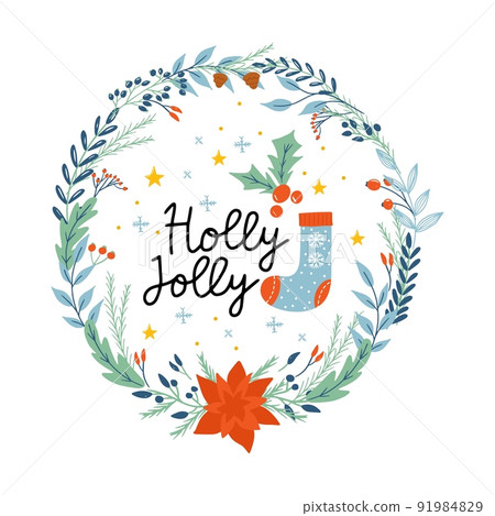 Seasons greatings wreath with floral. Flowers, branches and pine cones. Unique design for your greeting cards, banners, flyers. Vector illustration in modern style. Seasons greatings wreath with floral. Flowers, branches and pine cones. Unique design for your greeting cards, banners, flyers. Vector illustration in modern style. 91984829