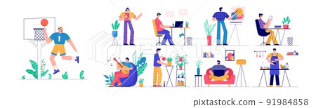 Trendy people playing guitar, read book, gardening, gaming, blogging, podcasting . Set of man and woman enjoying their hobbies, work, leisure. Vector illustration in flat cartoon style. Trendy people playing guitar, read book, gardening, gaming, blogging, podcasting . Set of man and woman enjoying their hobbies, work, leisure. Vector illustration in flat cartoon style. 91984858