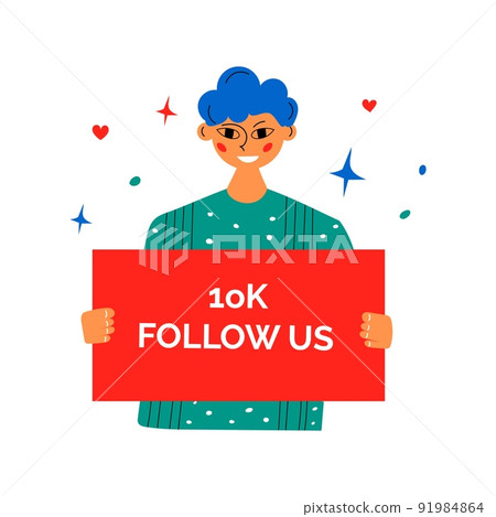 Smiling people celebrate large number of followers on social media. successful strategies. Blogging concept, influencer marketing, network promotion, SMM banner, landing page,flyer. 91984864