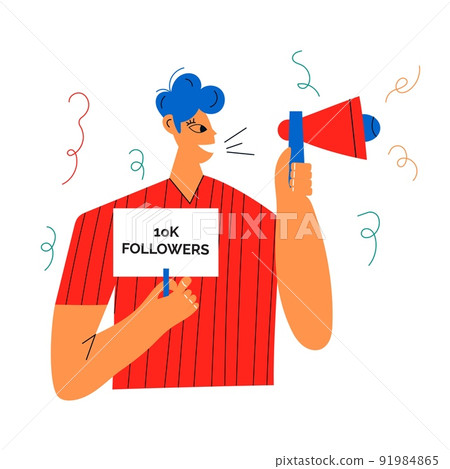 Smiling people celebrate large number of followers on social media. successful strategies. Blogging concept, influencer marketing, network promotion, SMM banner, landing page,flyer. 91984865