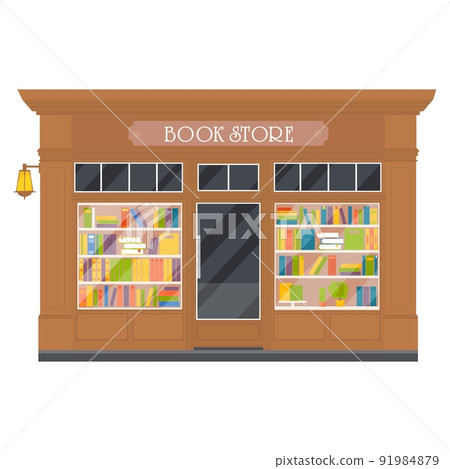 Vector flat design restaurants exterior and shops facade: book store, . Store front window buildings icons isolated on white background. Vector flat design restaurants exterior and shops facade: book store, . Store front window buildings icons isolated on white background. 91984879