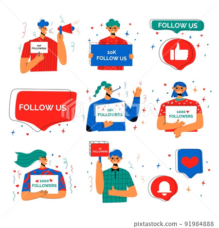 Smiling people celebrate large number of followers on social media. PSet of signs for successful strategies. Blogging concept, influencer marketing, network promotion, SMM banner, landing page. 91984888