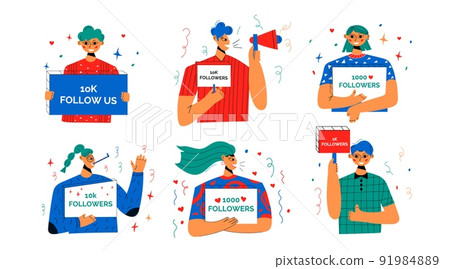Smiling people celebrate large number of followers on social media. PSet of signs for successful strategies. Blogging concept, influencer marketing, network promotion, SMM banner, landing page. 91984889