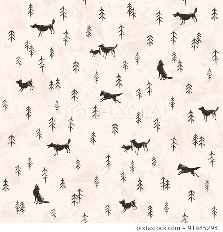 Seamless pattern with wolves and trees. Ancient style forest landscape vector illustration. 91985293