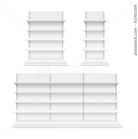 Realistic Detailed 3d Different White Blank Store Shelves Set. Vector Realistic Detailed 3d Different White Blank Store Shelves Set. Vector 91985304