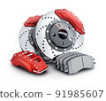 Car brake disc and pads on white background 91985607