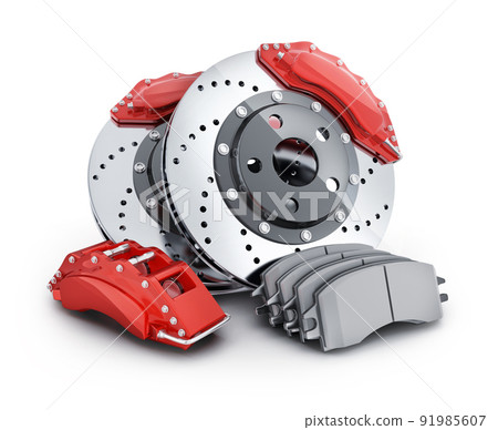 Car brake disc and pads on white background 91985607