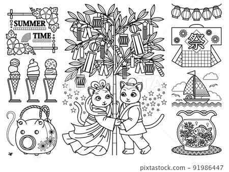 Illustration of a cat Summer design "SUMMER TIME" Tanabata, Orihime Hikoboshi, lanterns, yachts, fishbowl 91986447