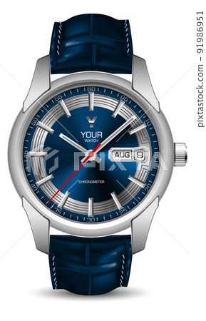 Realistic watch colck silver blue face leather strap on white design classic luxury vector 91986951