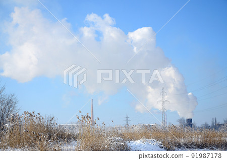 The industrial plant is located behind the swampy terrain, covered with snow. Large field of yellow bulrushes The industrial plant is located behind the swampy terrain, covered with snow. Large field of yellow bulrushes 91987178