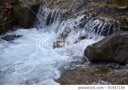 Close-up image of a small wild waterfall in the form of short streams of water between mountain stones Close-up image of a small wild waterfall in the form of short streams of water between mountain stones 91987180