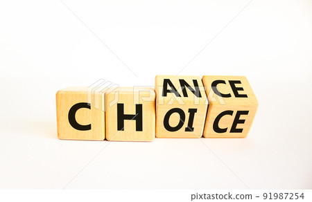 Choice and chance symbol. Turned wooden cubes and changed the concept word Choice to Chance. Beautiful white table white background, copy space. Business choice and chance concept. Choice and chance symbol. Turned wooden cubes and changed the concept word Choice to Chance. Beautiful white table white background, copy space. Business choice and chance concept. 91987254