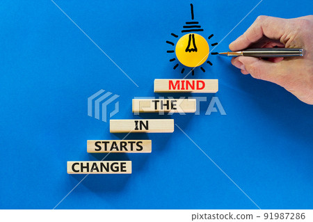 Change starts in the mind symbol. Concept words Change starts in the mind on wooden blocks on a beautiful blue table blue background. Business motivational and change starts in the mind concept. 91987286