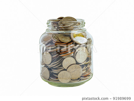 Money coins in grass jar isolated on white background with clipping path, Business saving banking finance investment concept. Money coins in grass jar isolated on white background with clipping path, Business saving banking finance investment concept. 91989699