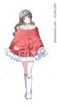 [Natural hair color] Girl in charge of curly hair red wearing a poncho 91991208