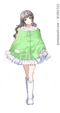 [Natural hair color] Girl in charge of curly hair green wearing a poncho 91991322