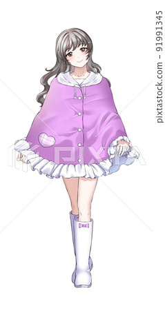 [Natural hair color] Girl in charge of curly hair purple wearing a poncho 91991345