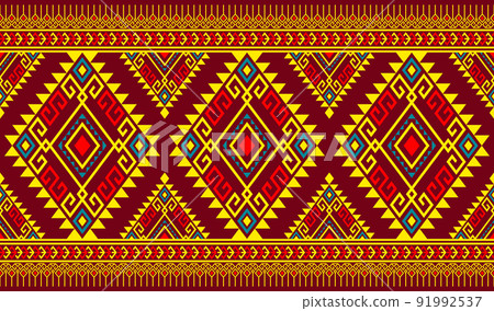 Red Yellow Green Symmetry Geometric Ethnic Seamless Pattern on Red Background 91992537