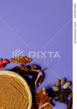 Composition of autumn leaves, spices and pie on purple background 91994390